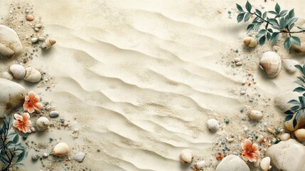 Tranquil Beach Scene Featuring Vibrant Seashells and Colorful Flowers Nestled Amongst Soft Sand Under a Clear Blue Sky Evoking Relaxation and Serenity