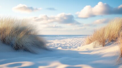 Serene Coastal View of Sandy Beach Surrounded by Lush Grass and Majestic Sand Dunes Under a Bright Blue Sky Evoking Tranquility and Natural Beauty