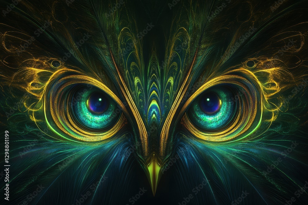 Poster intricate illustration of a mystical owl with vibrant eyes and elaborate feather patterns in dark hu