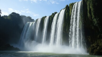 Fototapeta premium Majestic Waterfall Cascading Down Rocks with Lush Greenery Under Blue Sky