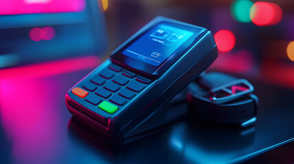 Obraz premium Contactless payment terminal with a smartwatch making a transaction, futuristic financial technology, sleek vector design