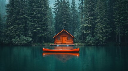 Fototapeta premium Canoe rests on calm lake with cabin, reflecting scenery in forested, misty wilderness backdrop