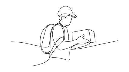 A continuous line drawing depicts a delivery person wearing a cap and backpack, carefully handling a package. The style is minimalist and clean. The image suggests swift and reliable delivery services