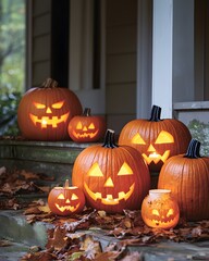 Obraz premium Vibrant Display of Carved Pumpkins on Steps during Halloween Season