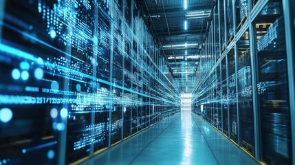 Data Center Aisle with Digital Visualizations