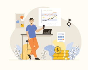 Sales performance concept. Money growth prediction and progress report. Financial сalculation. Flat vector illustration.	
