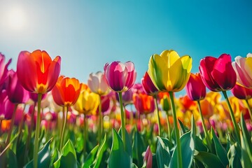 Vibrant Tulip Garden in Full Bloom under Clear Blue Sky