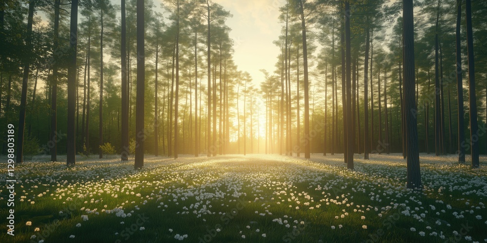 Wall mural tranquil forest scene with sunlight filtering through tall trees, illuminating a field of dandelions
