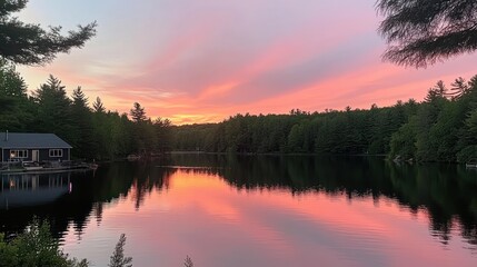 Obraz premium Lake Reflecting Colorful Sunset Sky in Nature Surrounded by Trees