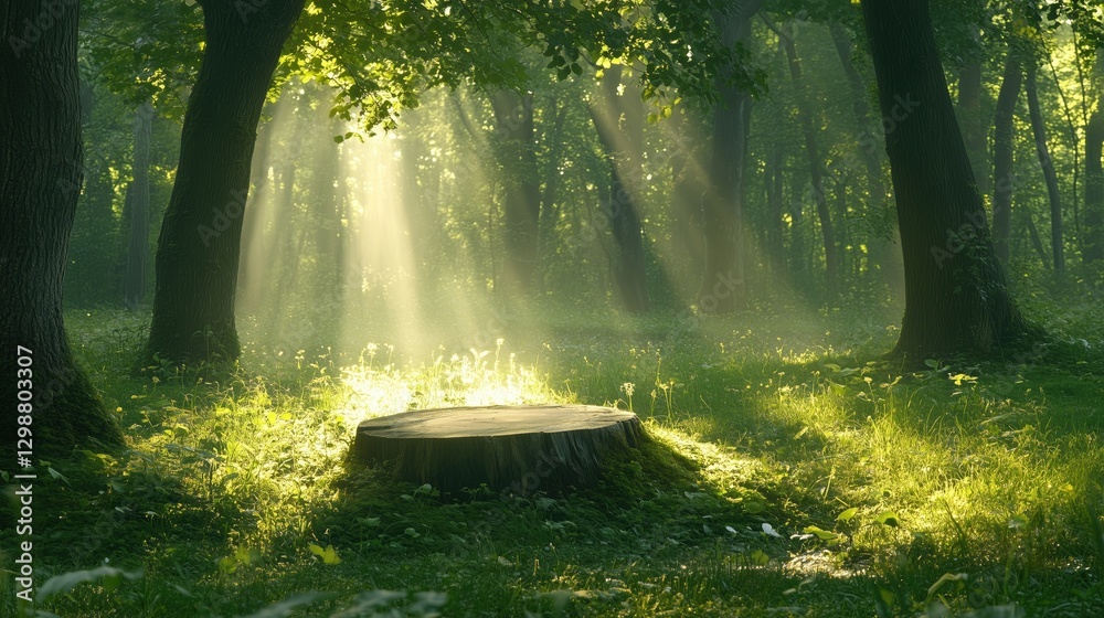 Wall mural a serene forest scene featuring a sunlit tree stump surrounded by lush greenery and soft rays of lig