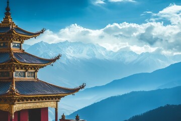 Obraz premium Tranquil Temple Amidst the Mountains: A majestic traditional temple, adorned with intricate details and vibrant colors, stands serene against a backdrop of snow-capped mountains and a clear.