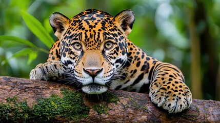 Obraz premium Majestic Jaguar Lying on Tree Branch in Lush Tropical Environment