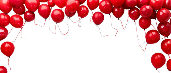 Helium balloons arch on white background. Wall decorated with red balloons for birthday party, clipping path, transparent