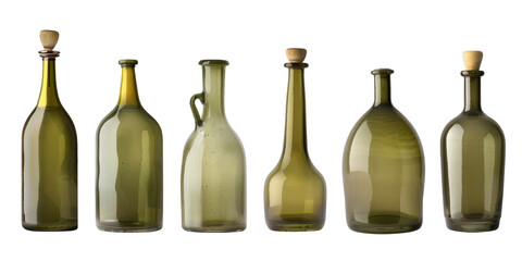 Olive and sunflower oil in the bottles and decanters collection set isolated on white background, empty different bottles, clipping path, transparent