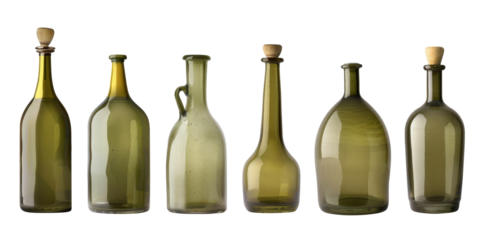 Olive and sunflower oil in the bottles and decanters collection set isolated on white background, empty different bottles, clipping path, transparent