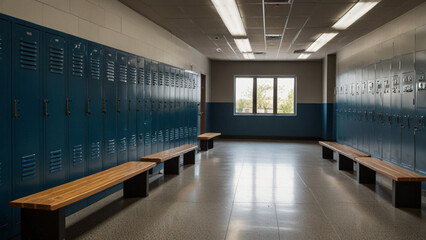 Obraz premium Sports locker room, metal storage lockers with an accompanying wooden bench