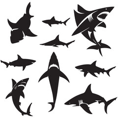 Black shark silhouette collection. Set of different shark silhouette on a white background