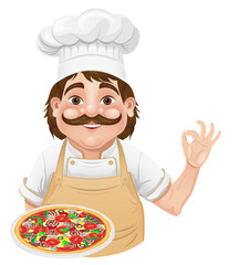 chef man preparing dishes and food in the kitchen vector illustration isolated on white background