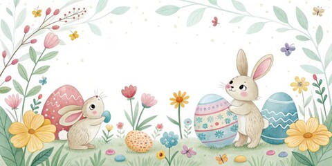 two adorable bunny rabbits are admiring easter eggs in a garden full of flowers and leaves 