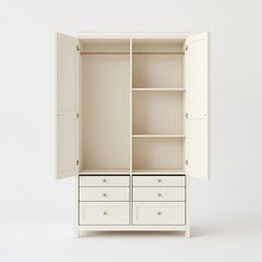 A full shot of a white double wardrobe with two open doors and two drawers, featuring a light beige top, simple handles, and smooth, matte white surfaces, isolated on a pure white background 