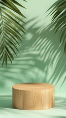 Fototapeta premium Natural wooden podium with palm leaf shadows on mint green wall background, minimal product display platform for cosmetic presentation, tropical style