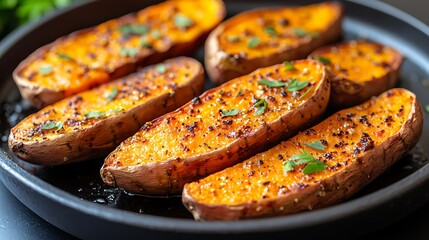 Delicious Roasted Sweet Potatoes Seasoned Garnished Close Up Food Photography