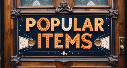 popular items lettering on a signage in door background