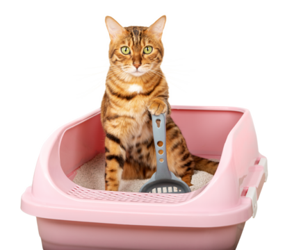 Bengal cat in the toilet. We teach the cat to use the litter box.