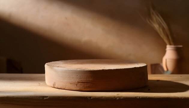 Handcrafted clay pedestal with natural imperfections mockup for product placement and advertisement, set against a muted, earthy background.