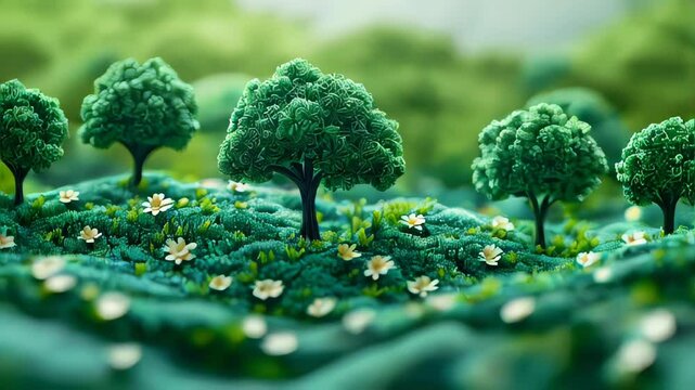 Artistic representation of trees crafted from paper in a vibrant nature scene with detailed textures and colors