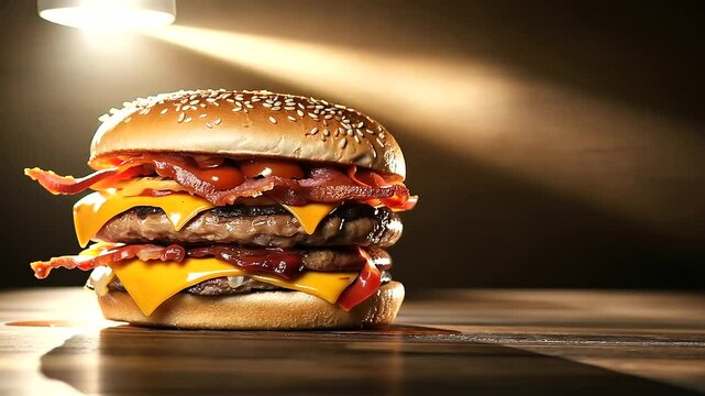 A visually stunning double burger loaded with bacon, cheese, and barbecue sauce, styled under glowing warm lights and complemented by dramatic shadows, perfect for a high-impact fa