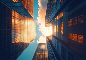 Stunning Urban Landscape with Reflective Glass Buildings Under Cloudy Sky at Sunset Captured from Ground Level Perspective