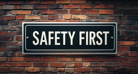 Obraz premium safety first lettering on a signage in brick wall dark background