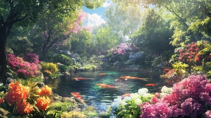 serene koi pond in a vibrant garden