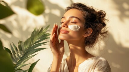 A woman applying organic face cream, with soft lighting and a minimalist, eco-friendly background