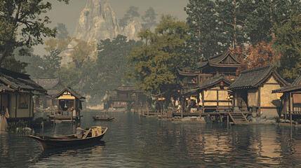 Misty Asian canal village, fisherman rowing, mountains background, travel poster