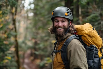 Naklejka premium Adventure Seeker: Portrait of a smiling hiker wearing a helmet and carrying a backpack, framed by a lush forest, capturing his adventurous spirit and the beauty of nature.