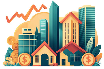 Obraz premium arrow diagram workflow Real estate investment concept with buildings, houses, and financial growth symbols