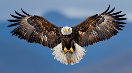 Fototapeta premium Majestic Bald Eagle Soaring with Wings Outstretched Against Blue Sky