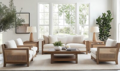 Fototapeta premium Stylish modern living room with comfortable white sofas, wooden furniture, large windows, indoor plants, and soft lighting creating a cozy atmosphere