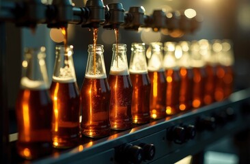 Beer bottling conveyor . Alcoholic beverages. Factory