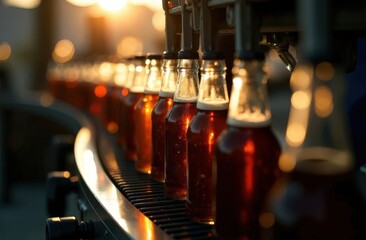 Beer bottling conveyor . Alcoholic beverages. Factory