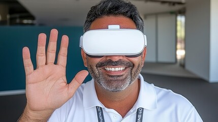 Smiling man with virtual reality headset greeting with hand gesture