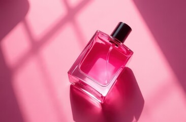 A bottle of pink perfume on a pink background . The scent of perfume. Aromatherapy . Copy space