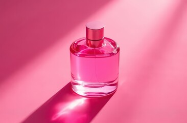 A bottle of pink perfume on a pink background . The scent of perfume. Aromatherapy . Copy space
