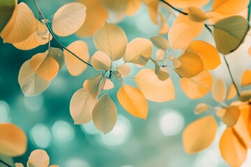 Leafy branch with a blue background. The leaves are yellow and the background is blue. The image has a peaceful and calming mood