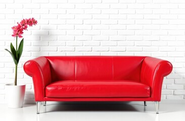 A red sofa against a white wall . Sofa advertisement. Copyspace