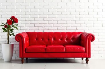 A red sofa against a white wall . Sofa advertisement. Copyspace
