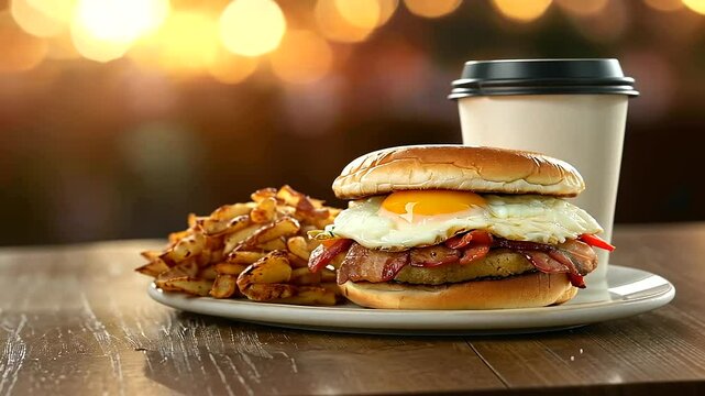 A delightful close-up of a morning breakfast combo featuring a warm egg sandwich, crispy hash browns, and a fresh cup of coffee, set against a bright, uplifting background of sunri