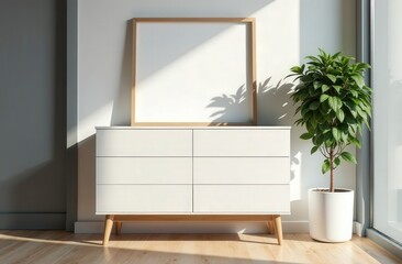 A white chest of drawers against a gray wall . Modern light furniture. Interior design
